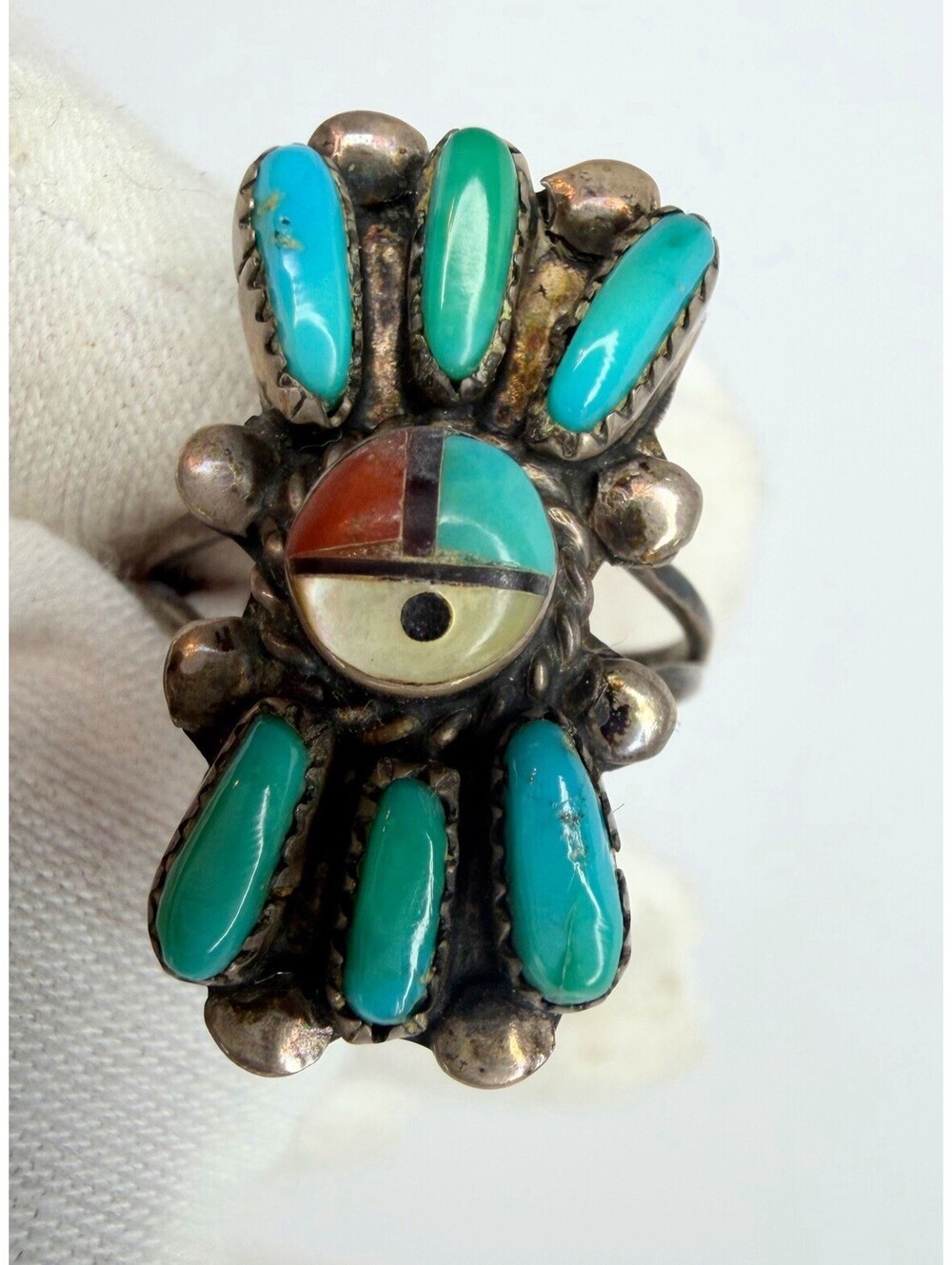 Vtg Zuni Ernest A Zunie Sterling Silver Surface Turquoise Petit Point Ring 5.5